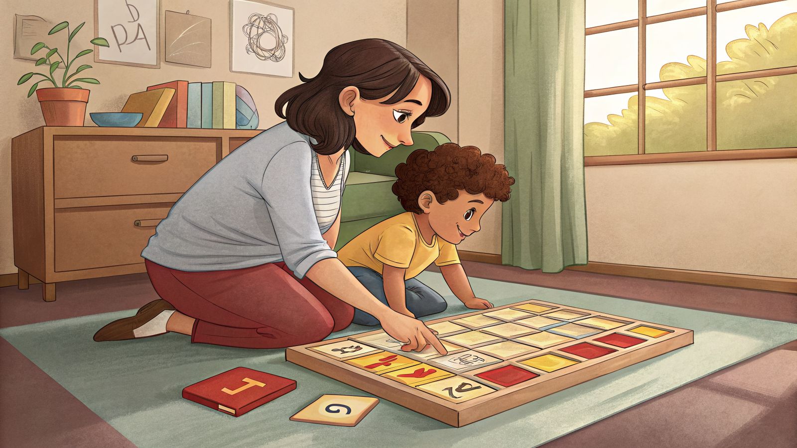 Ilustración cálida que acompaña al artículo sobre comunicación aumentativa y alternativa: escena cotidiana y respetuosa de vida familiar.