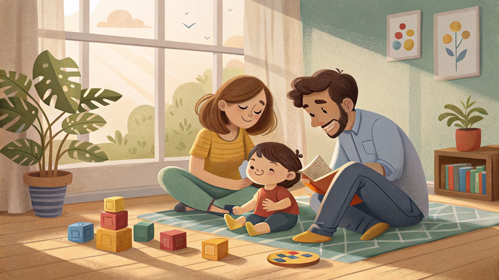 Ilustración cálida que acompaña al artículo sobre qué es el autismo: escena cotidiana y respetuosa de vida familiar.